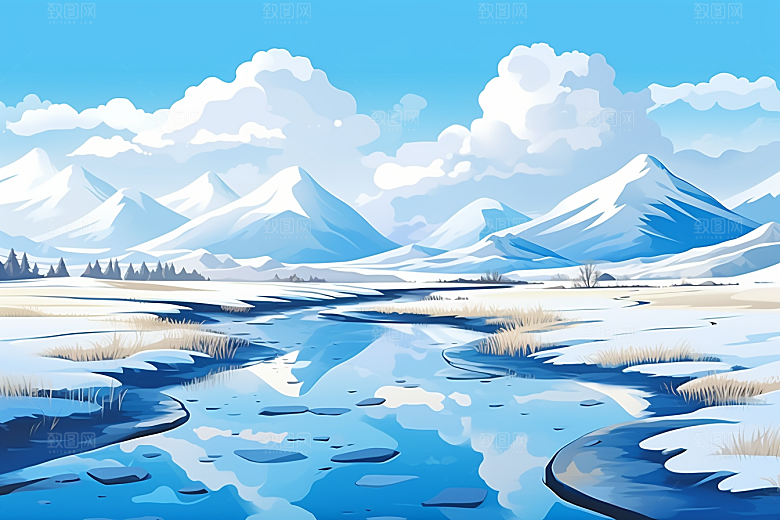 西藏风光雪山手绘插画