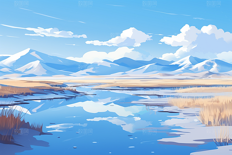 西藏风光风景青藏高原插画
