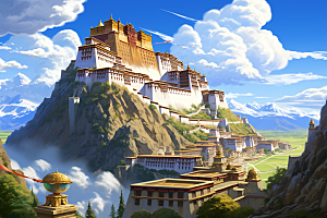 西藏风光青藏高原人文插画