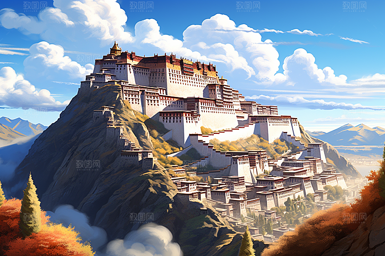 西藏风光旅游高海拔插画