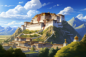 西藏风光手绘高海拔插画