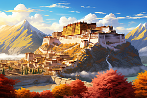 西藏风光高海拔雪山插画