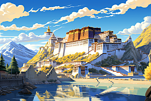西藏风光藏区手绘插画