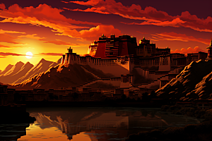 西藏风光旅游手绘插画