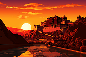 西藏风光旅游青藏高原插画