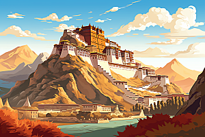 西藏风光风景雪山插画
