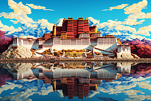 西藏风光手绘旅游插画