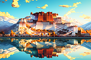 西藏风光青藏高原风景插画