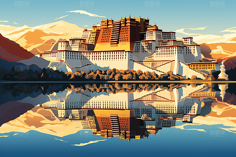 西藏风光高海拔藏区插画