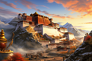 西藏风光人文青藏高原插画