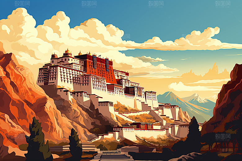 西藏风光旅游高海拔插画