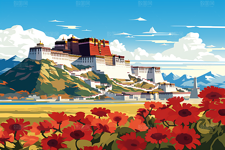 西藏风光人文手绘插画