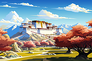 西藏风光雪山旅游插画