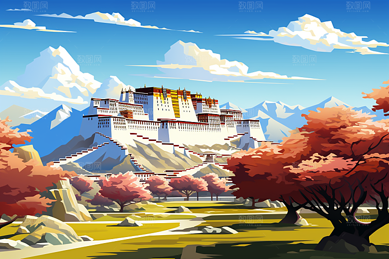 西藏风光雪山旅游插画