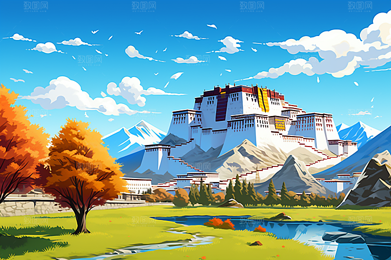 西藏风光青藏高原风景插画