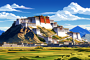西藏风光人文雪山插画