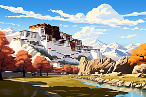 西藏风光手绘青藏高原插画