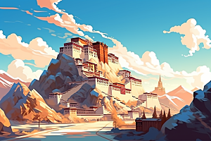 西藏风光人文风景插画