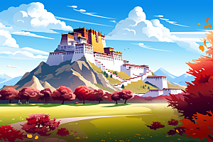 西藏风光风景藏区插画