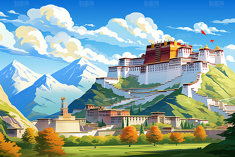 西藏风光青藏高原手绘插画