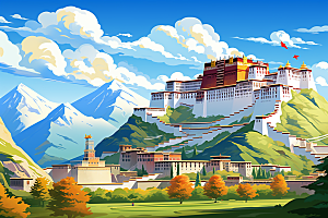 西藏风光青藏高原手绘插画