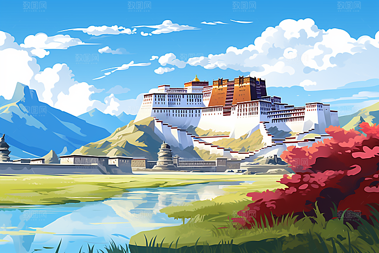 西藏风光风景雪山插画