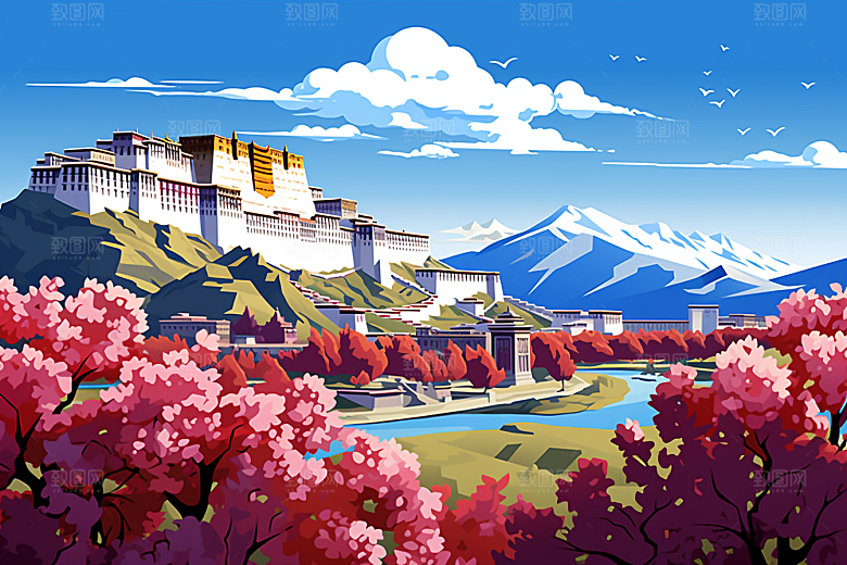 西藏风光人文藏区插画