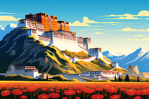 西藏风光旅游高海拔插画