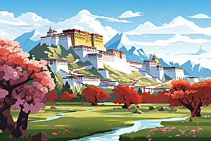 西藏风光高海拔风景插画