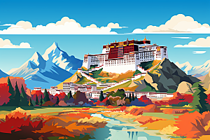 西藏风光风景手绘插画
