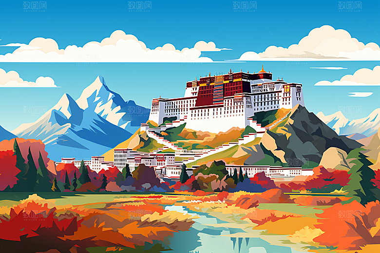 西藏风光风景手绘插画
