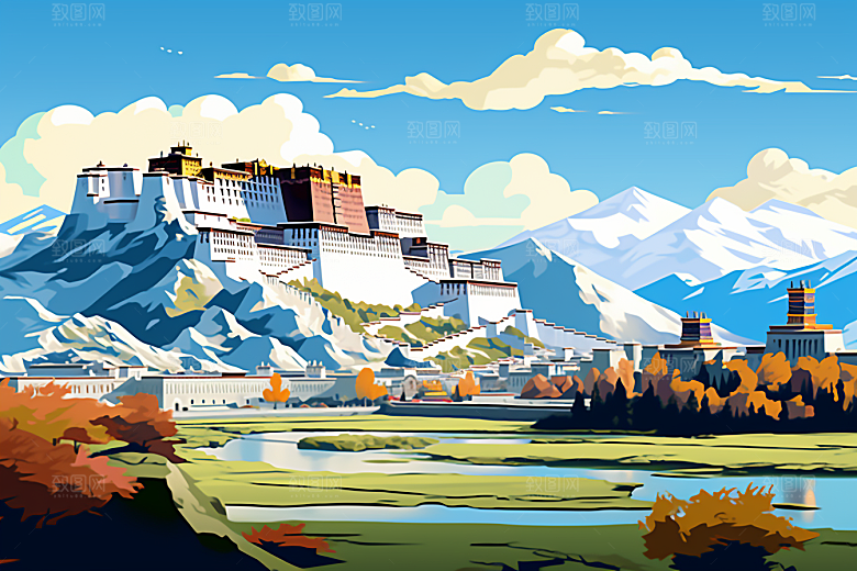西藏风光旅游高海拔插画