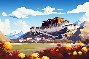 西藏风光人文手绘插画