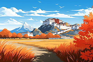 西藏风光雪山藏区插画