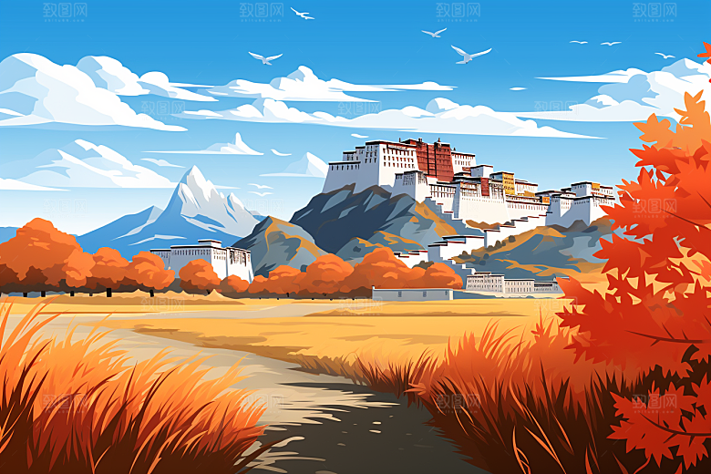 西藏风光雪山藏区插画