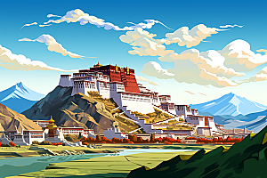 西藏风光人文高海拔插画