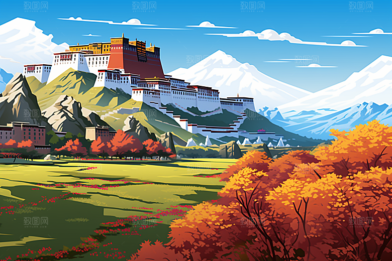 西藏风光人文青藏高原插画
