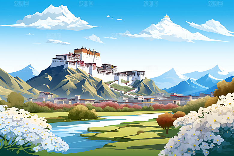 西藏风光风景高海拔插画