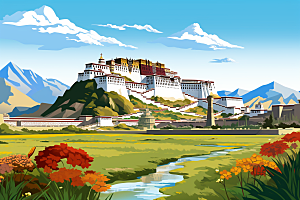 西藏风光高海拔藏区插画