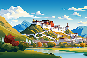 西藏风光手绘青藏高原插画