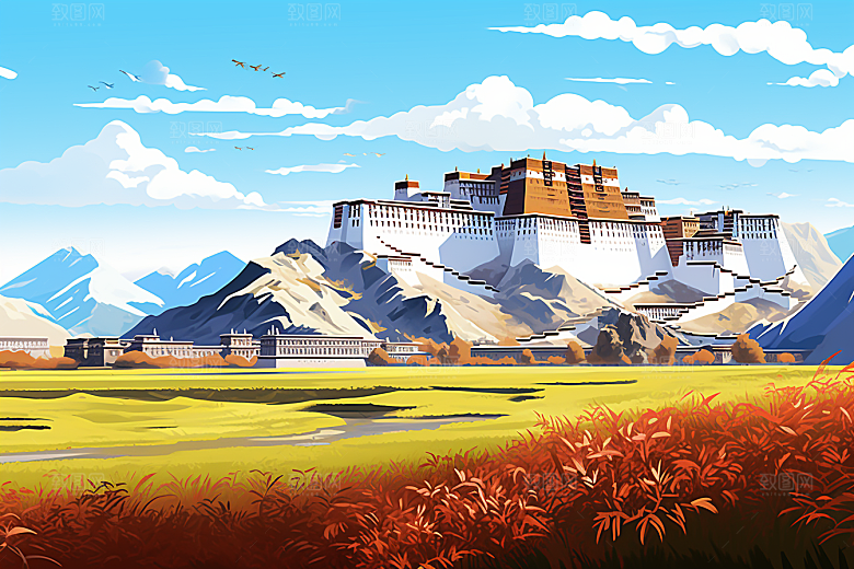 西藏风光青藏高原风景插画