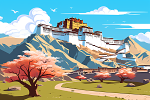 西藏风光风景青藏高原插画