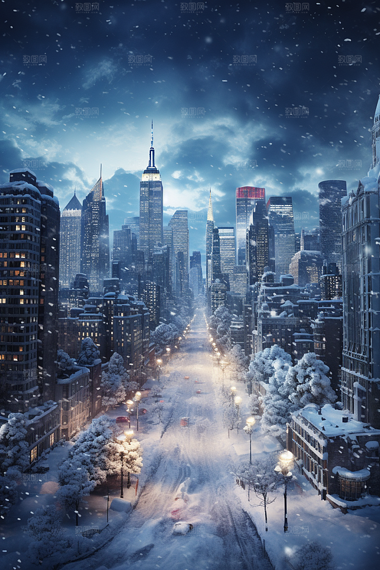 城市雪景静谧雪夜原画