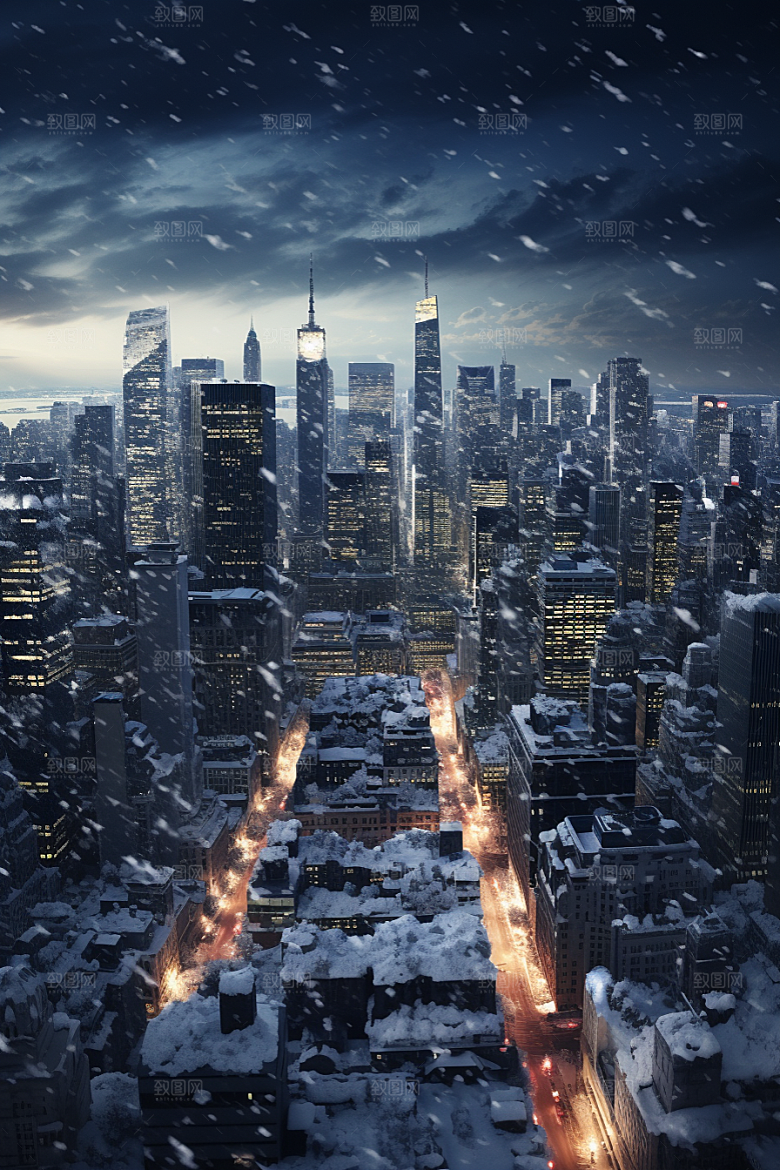 城市雪景静谧建筑原画