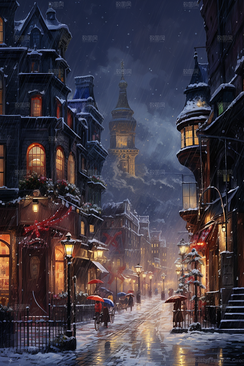 城市雪景雪夜高清原画