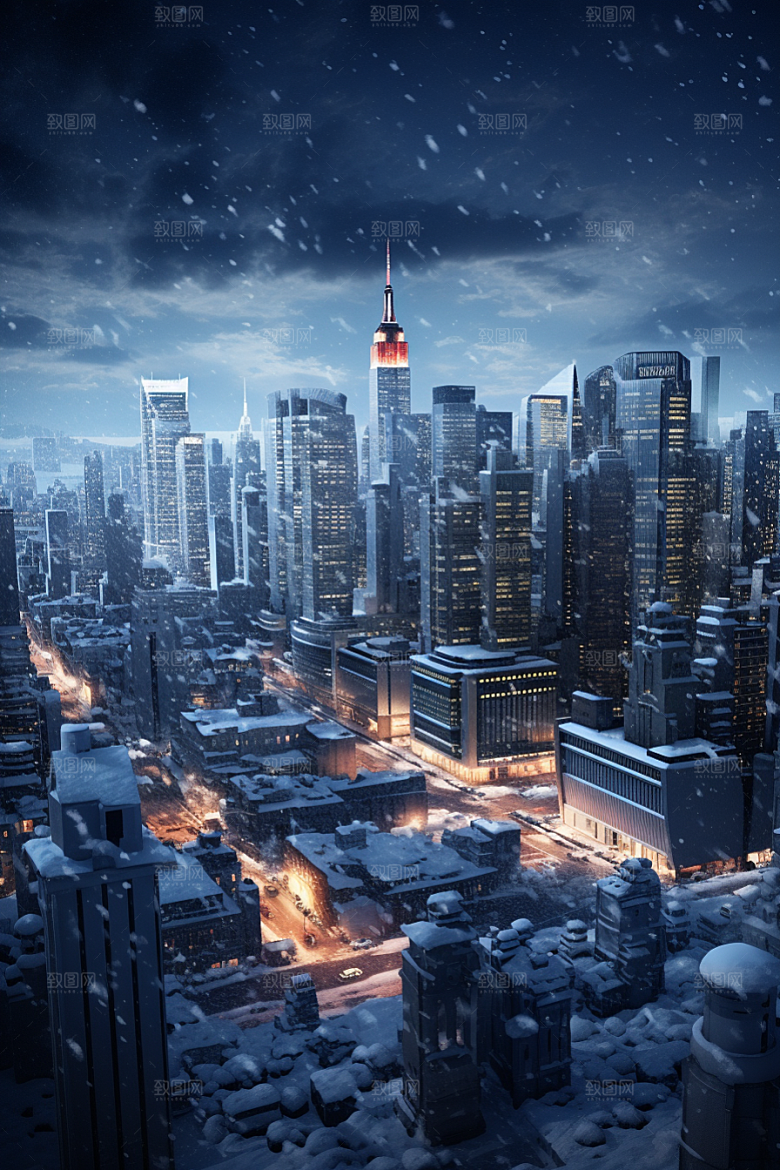 城市雪景城市街道雪夜原画