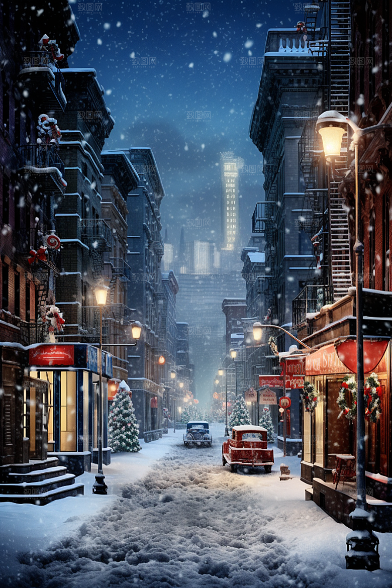 城市雪景雪夜静谧原画
