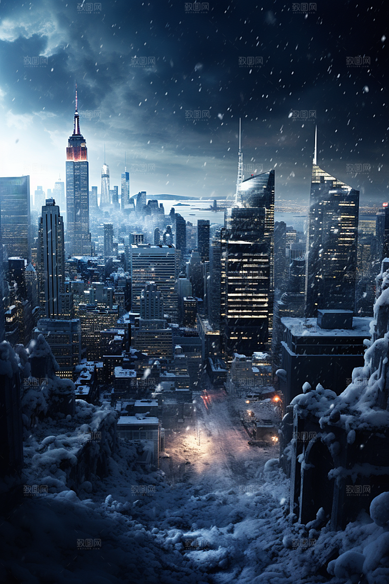城市雪景城市街道雪夜原画