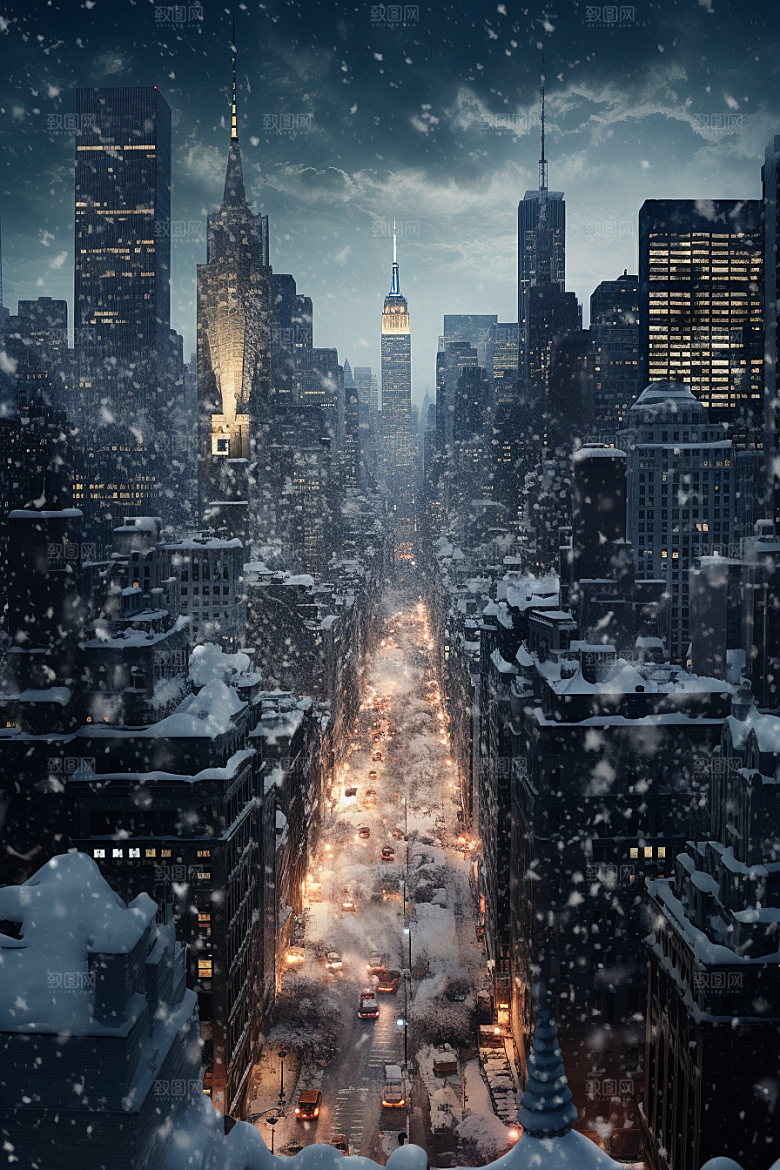 城市雪景雪夜高清原画