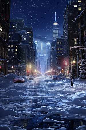 城市雪景城市街道下雪的都市原画